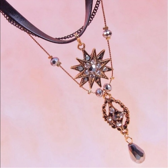 Dark Romance Vamp Academia Layered Faux Suede Gold Diamond Beaded Choker - Picture 7 of 12